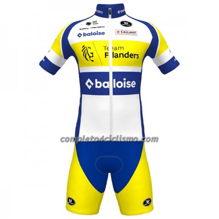Completo Maglia + Pantaloncino con bretelle 2023 Flanders Baloise Manica Corta Giallo Blu Bianco